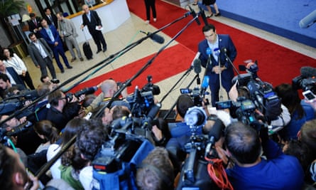 Alexis Tsipras talks to the press at the end of the eurozone leader summit on the Greek crisis, at the European Council headquarters in Brussels.