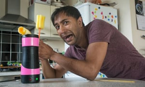 Like an alien looking for a host … Rhik Samadder testing the Egg Master.