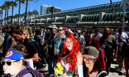 Cosplay enthusiasts walk outside the Convention Center.