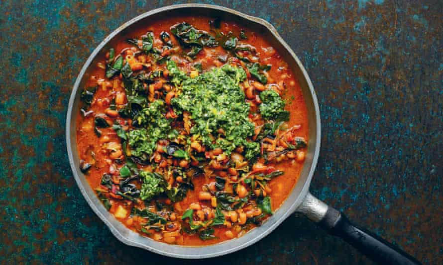 Black-eyed beans with chard and green herb smash