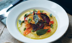 Quick-pickled roasted roots, polenta and carrot-top pesto