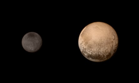 Pluto and Charon display striking color and brightness contrast in this composite image from 11 July.