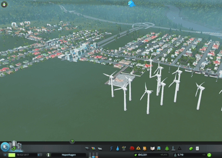 At 5,000, my little town survives solely on wind power. My denizens are happy and pollution is negligible.