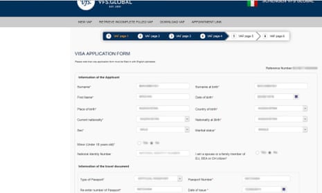VFS Global's Italian visa application form