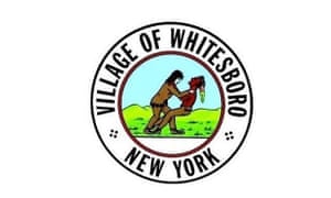 Village seal of Whitesboro, New York, which depicts a white man with his hand around the neck of a Native American man.