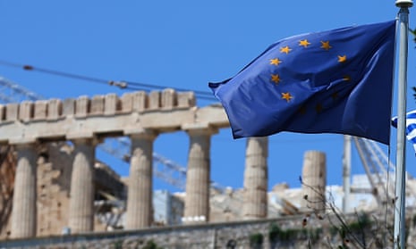 An EU flag flying in front of the Parthenon