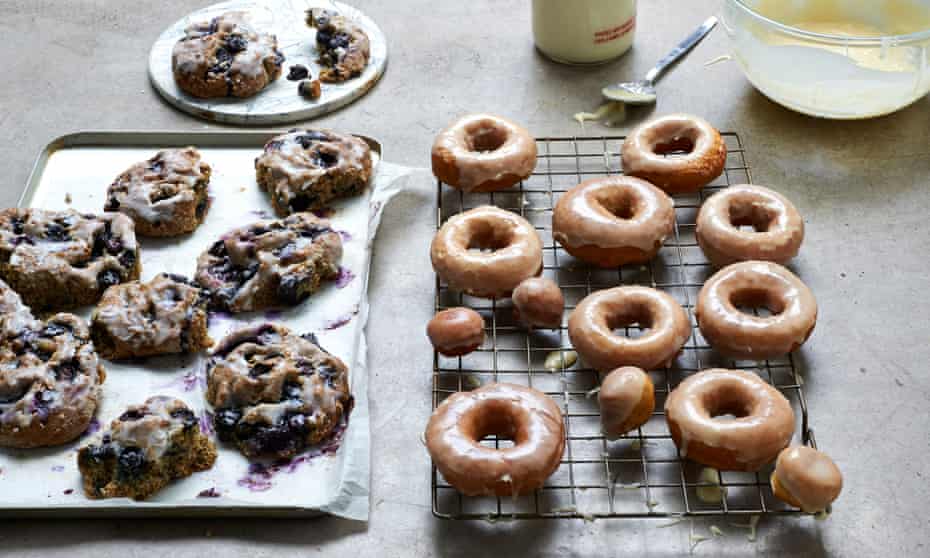 Blueberry buttermilk soda bread buns (left) and sticky doughnuts.