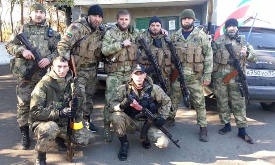 Chechens fighting on the side of the pro-Russian rebels, taken in Donetsk. Apti Bolotkhanov is in the back row, third from left.