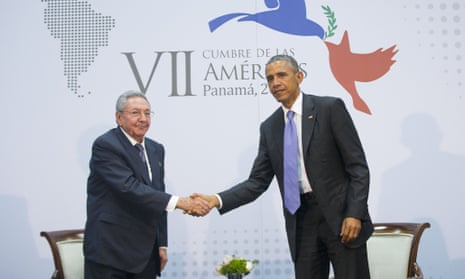 Barack Obama and Raul Castro shake hands during a meeting at the Summit of the Americas in Panama City.