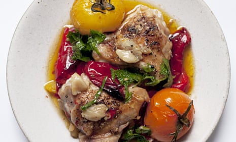 Chicken with peppers, mint and lemon on a plate