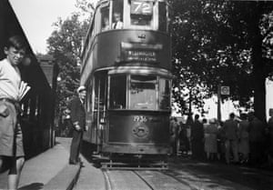 <strong>Thames Embankment, 1952 </strong>When I was twelve, the trams stopped running forever so I took this picture with my box camera while the driver posed for me. I loved going out with my dad on Sunday mornings for a ride through the Kingsway Tunnel and out onto the Embankement. It was even more exciting if we managed to get the front seat on the top deck where I could imagine I was driving the tram