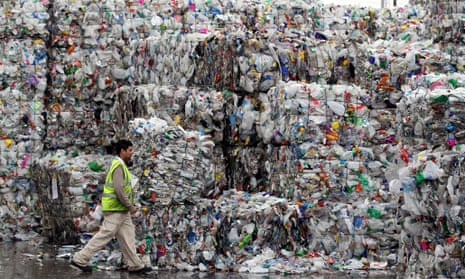 Plastic bottles await recycling at a plant in London. Meanwhile, in Berkeley, California, Jessica Carroll at Gu Energy wanted to find a way to reuse her company’s non-recyclable products.