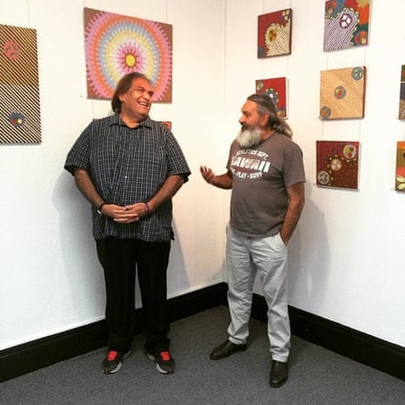 Aaron Perkins-Kemp-Berger (left), the manager of Albury’s Central Desert art gallery, with owner-curator Sam Juparulla Wickman.