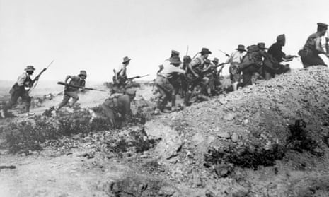 Australian troops charge near a Turkish trench, Gallipoli Peninsula, Turkey, 1915.