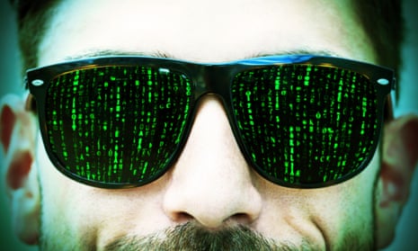 Computer code reflected in sunglasses of man