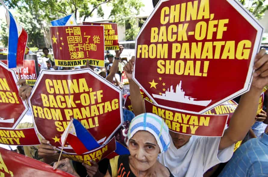 Protesters stage a rally outside the Chinese embassy in Manila demanding that China pull out of the contested Scarborough Shoal in the South China Sea.