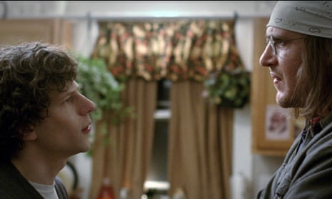 Jesse Eisenberg, left, as David Lipsky, and Jason Segel, as David Foster Wallace, in a scene from the film, "The End of the Tour." (A24 via AP)