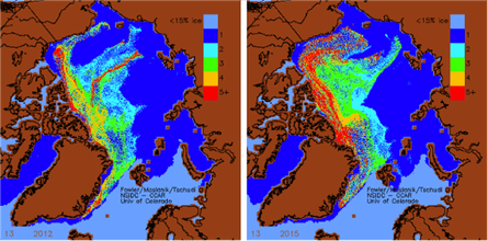 Arctic sea ice in 2012 vs 2015.