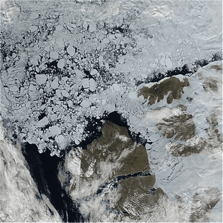 LANCE-MODIS satellite image from July 19th showing multi-year ice floes interspersed with large areas of open water and rapid break-up of fast ice in the Northwest Passage 
