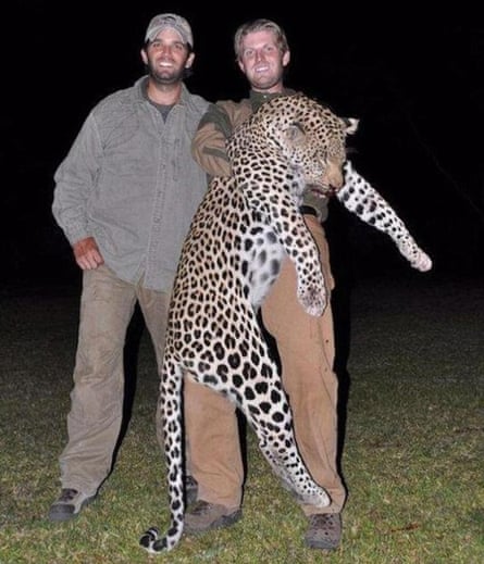 Donald Trump Jr and Eric Trump with a leopard they killed on a trip to Zimbabwe.