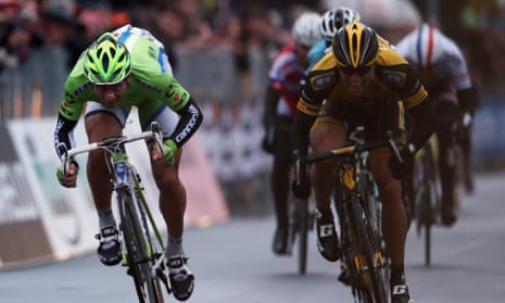 Gerald Ciolek (right) of MTN-Qhubeka sprints against Peter Sagan at the finish of the 2013 Milan-San Remo.