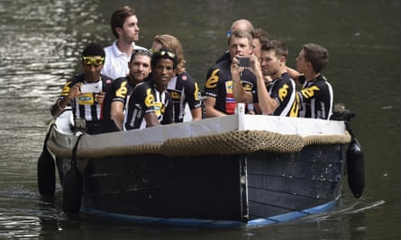 MTN-Qhubeka team arrive on a canal boat to attend the team presentation ceremony for the 2015  Tour de France.