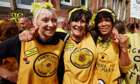 Three of the Nanas – including Anjie Mosher (left) and Rebecca Fitton (middle) – celebrate in Preston after Lancashire county council rejected Cuadrilla’s application to frack for shale gas at Little Plumpton and Roseacre Wood.