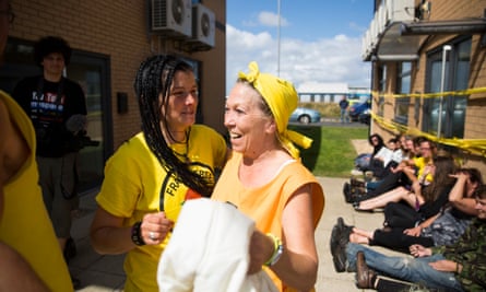 One of the Nanas, Tina Louise Rothery (yellow headscarf), at a blockade of the Blackpool office of Cuadrilla, the company planning to extract shale gas on the nearby Fylde in Lancashire, in August 2014.