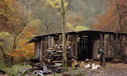 Warden chopping wood for use in the Biomass boiler at Gibson Mill at Hardcastle Crags, West Yorkshire.