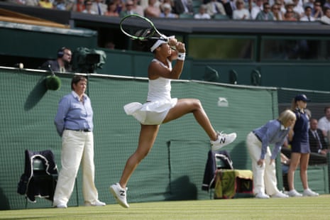Heather Watson fires a return back to Serena Williams as she continues her fight back.