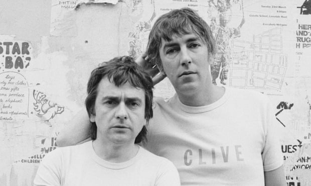 Dudley Moore, left, and Peter Cook promote the first Derek and Clive album in 1976.