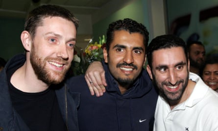 Maajid Nawaz with fellow Britons Ian Nisbet (left) and Reza Pankhurst (right), who were jailed with him in Egypt for membership of Hizb-ut-Tahrir.