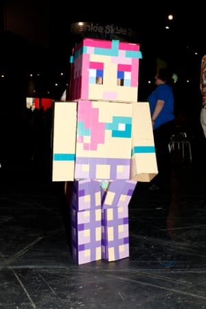 Francesca Stevens, seven, made her own costume. She plays Minecraft with her dad, David