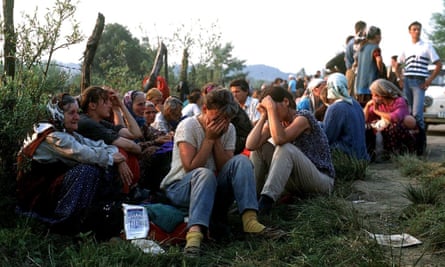 Muslim refugees on runway of Tuzla airport, Bosnia, fleeing Srebrenica in 1995.