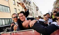 Michael Vaughan, Kevin Pietersen and Andrew Flintoff celebrate with the urn after winning the greatest Ashes series.