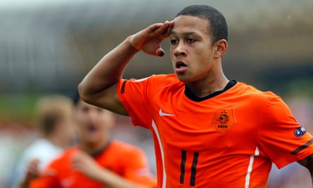 Memhis Depay celebrates scoring for Holland Under-17s against Serbia in May 2011.