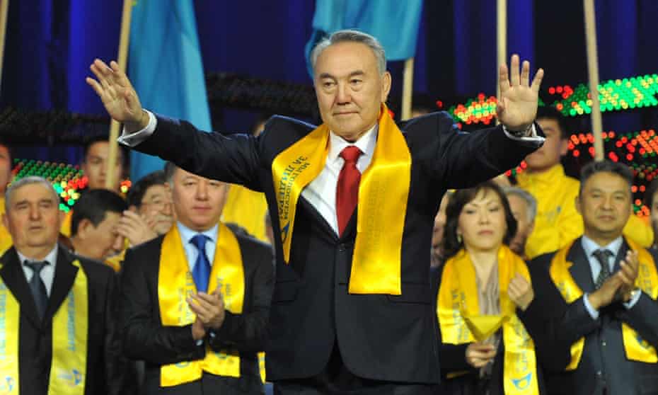 Kazakh president Nursultan Nazarbayev greeting supporters during a celebration rally at a sports centre in Astana.