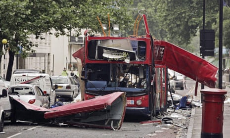 The number 30 double-decker bus in Tavistock Square, destroyed by a terrorist bomb on 7 July 2005.