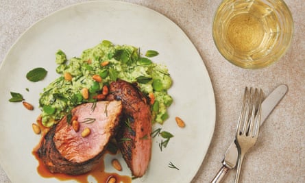 Thomasina Miers' griddled pork tenderloin with crushed broad beans: 'An easy way to impress friends.'