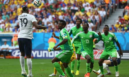 Paul Pogba heads France's first goal in their 2-0 defeat of Nigeria in the last 16 of the 2014 World Cup in Brazil.
