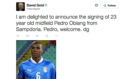 The West Ham co-owner David Gold mistakenly used a picture of Angelo Ogbonna when welcoming the signing Pedro Obiang