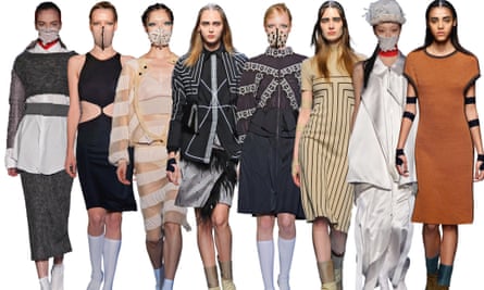 A row of eight models showing Masha Ma's designs for spring/summer and autumn/winter 2015.