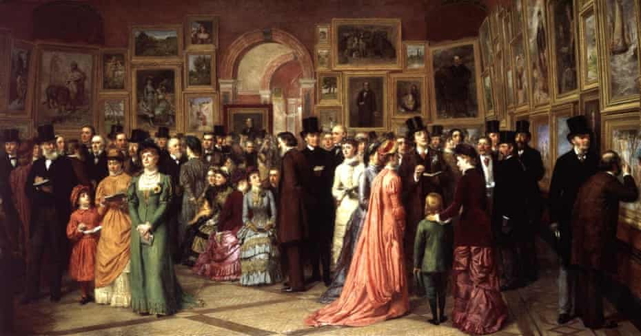 Detail from <em>A Private View at the Royal Academy</em> by William Powell Frith, 1881 – Wilde, front right, has a book in his hand.