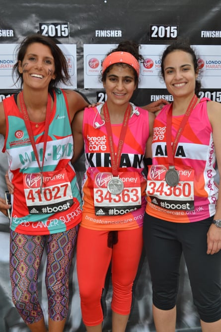 Kiran Gandhi (centre) ran the London Marathon without a tampon, which was seen by many as a radical act.