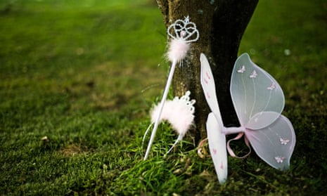 Fairy wings, wand and tiara resting against a tree