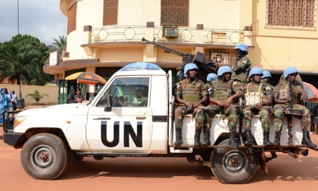 UN peacekeeping soldiers from Rwanda patrolling in Bangui, Central African Republic. 