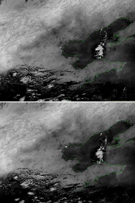 Satellite photos released by the Japan Meteorological Agency shows a white spot growing on the city of Tianjin in China.