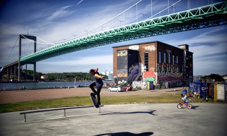 A skateboarder at Gothenburg’s Älvsborg suspension bridge.