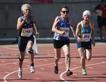 From left: US athlete Irene Obera, Italy's Emma Maria Mazzenga and Australia's Constance Marmour run during the women's 80-years-old 100m final