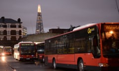 Buses in Waterloo garage, London